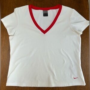 Nike V-neck T-shirt, Women L(12-14), white w/red trim,swish. Shortsleeve. VGC.